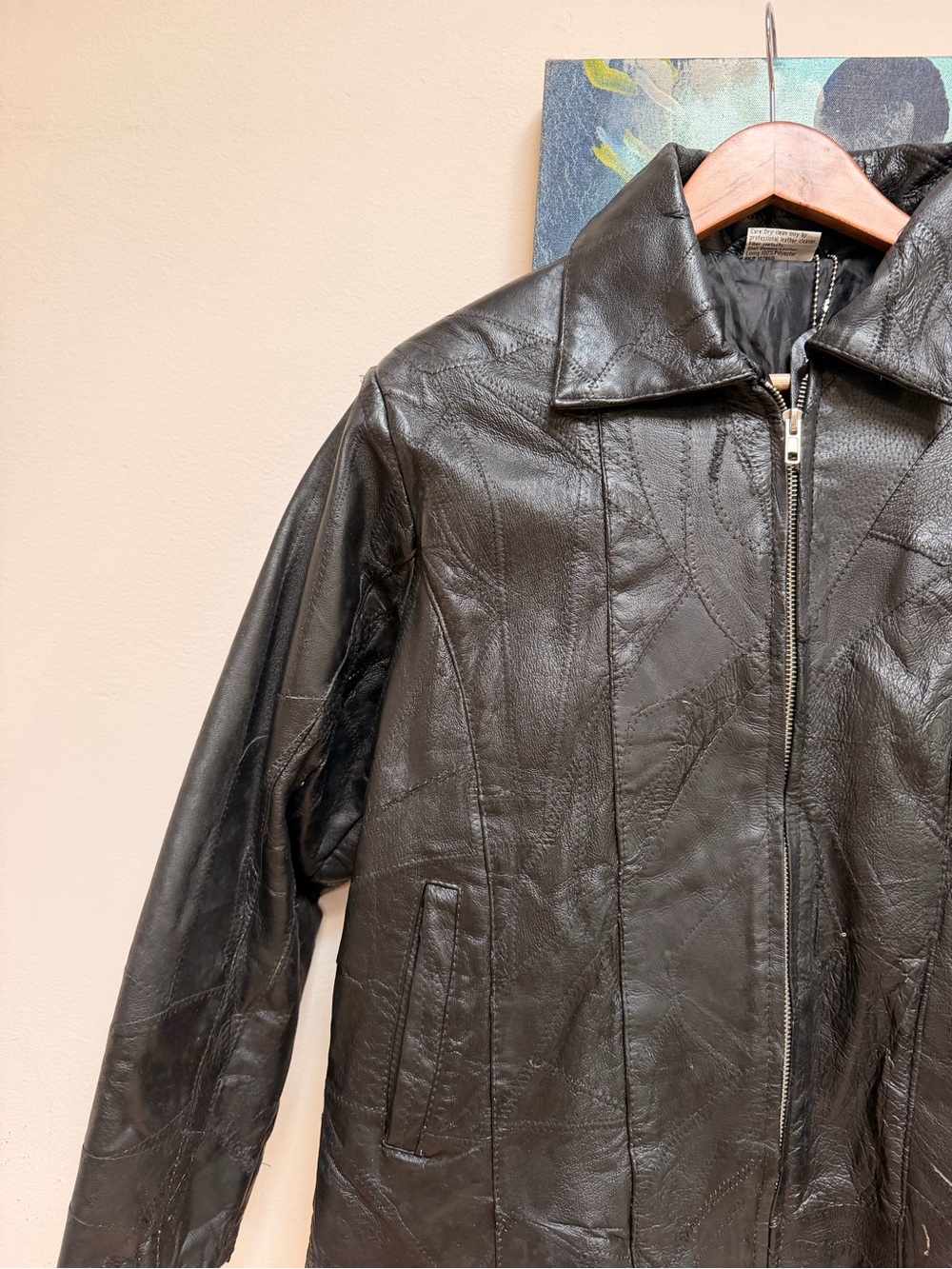 FLIGHT PATH Patchwork Leather Bomber Motorcycle Jacket Mens Size S Black - Picture 2 of 13